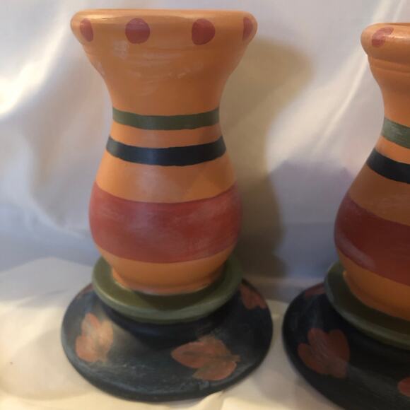 Rustic Primitive Southwestern Terra Cotta Candle Holders Hand Painted - Picture 1 of 7